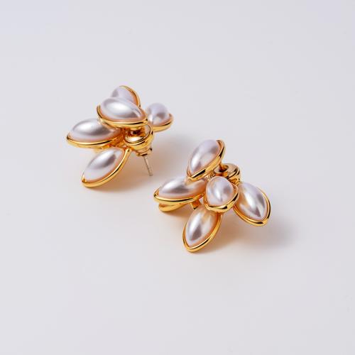 Plastic Stud Earring, Brass, with Plastic Pearl, gold color plated, fashion jewelry, golden 