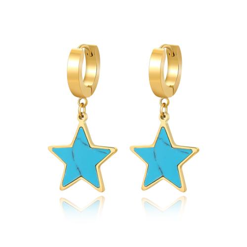 Boucles d'oreilles en acier titane, avec turquoise, étoile, Placage, pour femme, doré, Vendu par paire