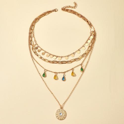 Mode-Multi-Layer-Halskette, Zinklegierung, plattiert, für Frau & mit Strass, goldfarben, The chain length is about 30+5cm, 35+5cm, 39+5cm, 48+5cm, verkauft von PC