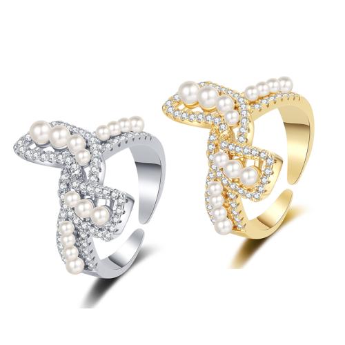 Cubic Zirconia Micro Pave Brass Finger Ring, with Plastic Pearl, plated, micro pave cubic zirconia & for woman 