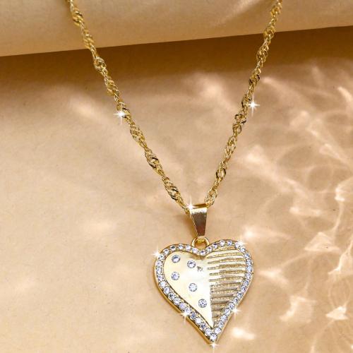 Cubic Zircon Micro Pave Brass Necklace, Heart, gold color plated, fashion jewelry & Unisex & micro pave cubic zirconia Approx 44 cm 