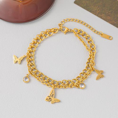 Titanium Steel Bracelet, with 2inch extender chain, Butterfly, gold color plated, Double Layer & for woman & with rhinestone Approx 7 Inch 