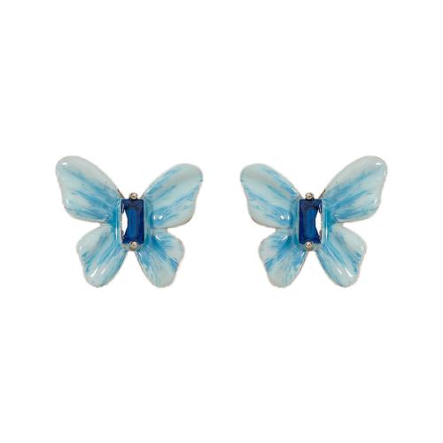 Boucles d'oreilles en laiton zircon cubique, papillon, bijoux de mode & pavé de micro zircon & pour femme & émail, bleu Vendu par paire