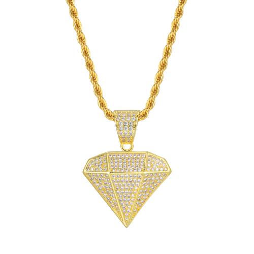 Cubic Zircon Micro Pave Brass Necklace, Diamond Shape, fashion jewelry & micro pave cubic zirconia & for woman, golden Approx 50 cm 