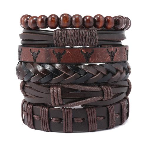 PU Leather Cord Bracelets, with Zinc Alloy, 6 pieces & vintage & for man, brown [