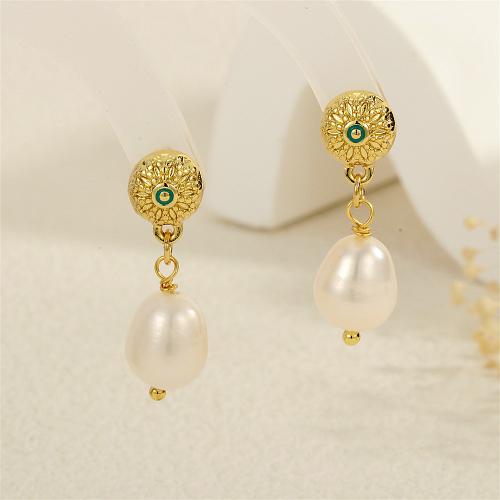 Freshwater Pearl Brass Earring, with Freshwater Pearl, gold color plated & for woman & enamel 