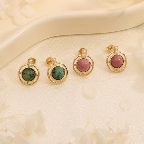 Brass Stud Earring, with Gemstone Chips & Resin, Round, gold color plated, for woman 