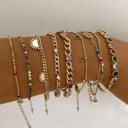 Acero inoxidable Pulsera con dijes, acero inoxidable 304, chapado, diferentes estilos para la opción & micro arcilla de zirconia cúbica & para mujer & esmalte, dorado, Vendido por UD