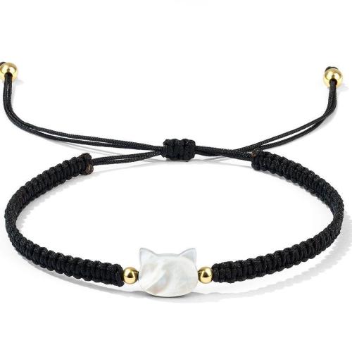 Natural Shell Connector Woven Ball Bracelet, with Polyester Cord, Cat, braided & for couple Approx 6-11 Inch [