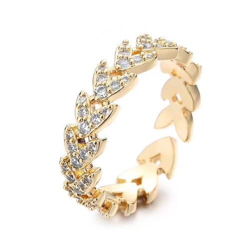 Brass Cuff Finger Ring, Leaf, plated, for woman & with rhinestone US Ring 