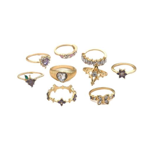 Zinc Alloy Ring Set, gold color plated, 9 pieces & for woman & enamel & with rhinestone 