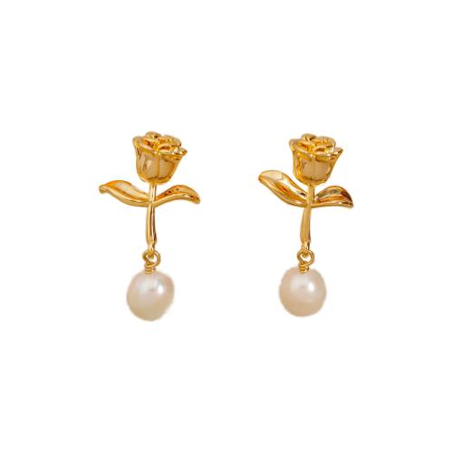 Freshwater Pearl Brass Earring, with Freshwater Pearl, Rose, 14K gold plated, fashion jewelry & for woman, golden 