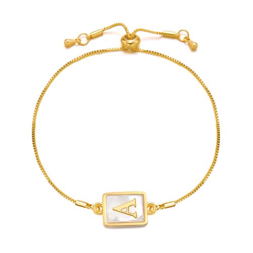 Brass Bracelets, with Shell, Rectangle, gold color plated, fashion jewelry & letters are from A to Z & adjustable & for woman & luminated Approx 16-22 cm [