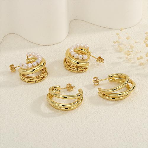 Brass Stud Earring, with Plastic Pearl, gold color plated & for woman 