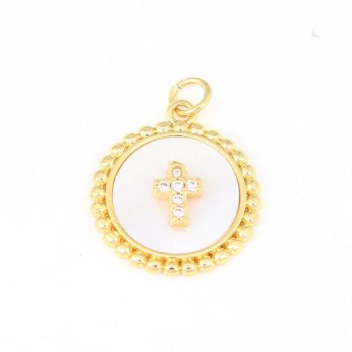 Enamel Brass Pendants, Round, gold color plated, DIY & micro pave cubic zirconia, white 