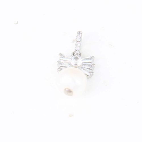 Cubic Zirconia Micro Pave Brass Pendant, with Plastic Pearl, silver color plated, DIY & micro pave cubic zirconia, white 