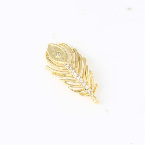 Cubic Zirconia Micro Pave Brass Pendant, Feather, gold color plated, DIY & micro pave cubic zirconia 