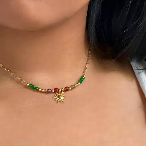 Edelstahl Schmuck Halskette, 304 Edelstahl, mit Naturstein, mit Verlängerungskettchen von 6cm, goldfarben plattiert, Modeschmuck, goldfarben, Länge:45 cm, verkauft von PC