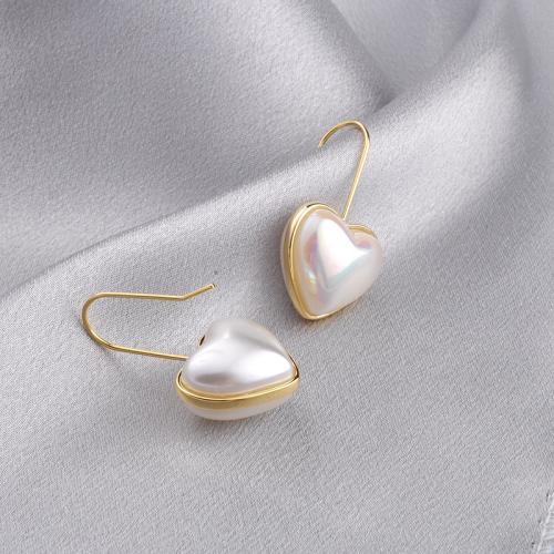 Brass Drop Earring, Copper Alloy, with Plastic Pearl, Heart, gold color plated, fashion jewelry, golden 