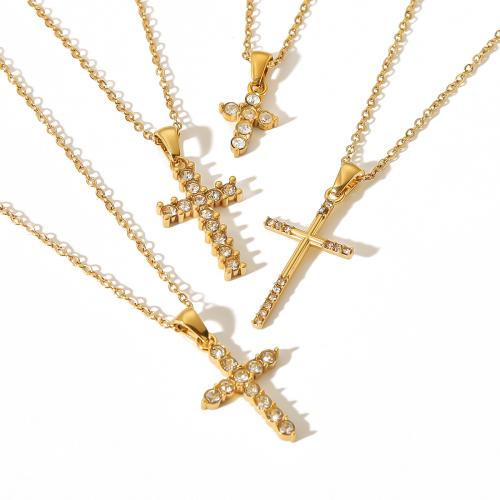 Stainless Steel Jewelry Necklace, 304 Stainless Steel, Cross, gold color plated, fashion jewelry & with rhinestone, golden 