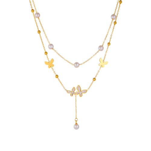 Plastik-Perlenkette, 304 Edelstahl, mit Kunststoff Perlen, mit Verlängerungskettchen von 5cm, Schmetterling, Doppelschicht & Modeschmuck & für Frau, goldfarben, Länge:ca. 40 cm, ca. 45 cm, verkauft von PC