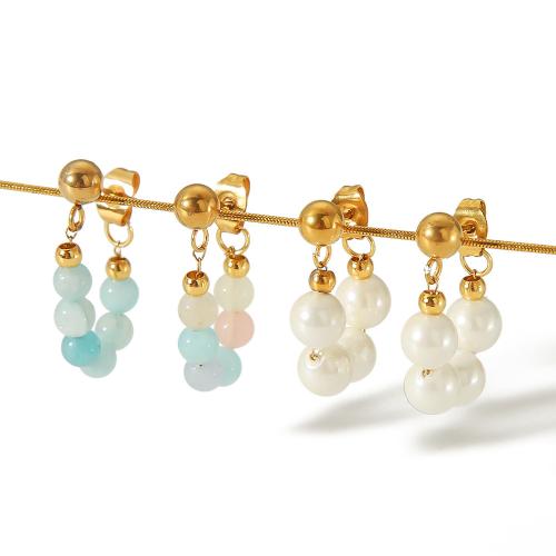 Stainless Steel Drop Earring, 304 Stainless Steel, with Chalcedony & Plastic Pearl, gold color plated, fashion jewelry 