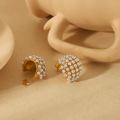 Boucle en acier inoxydable, Acier inoxydable 304, avec perle de plastique, Placage de couleur d'or, bijoux de mode, doré Vendu par paire