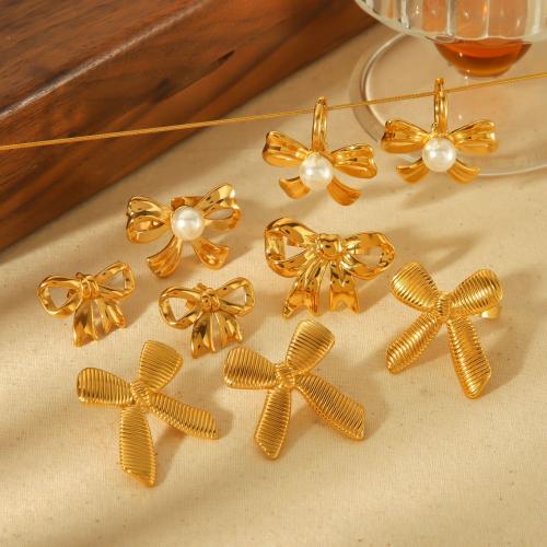 Fashion Stainless Steel Jewelry Sets, 304 Stainless Steel, with Plastic Pearl, Bowknot, gold color plated, fashion jewelry  golden 