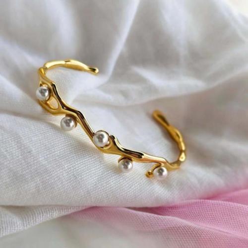 Stainless Steel Cuff Bangle, 304 Stainless Steel, with Plastic Pearl, gold color plated, fashion jewelry, golden 