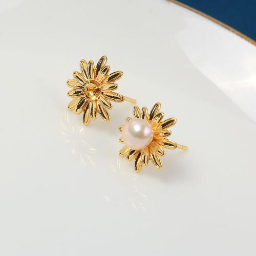Brass Earring Stud Component, Daisy, real gold plated, DIY, golden 