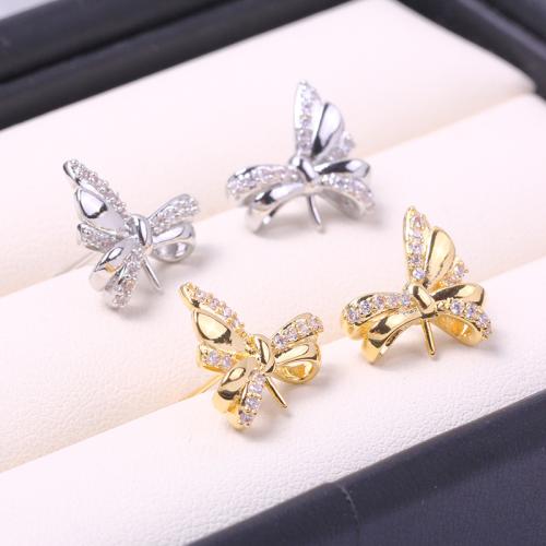 Brass Earring Stud Component, Bowknot, real gold plated, DIY & micro pave cubic zirconia 13mm 