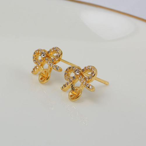 Brass Earring Stud Component, Bowknot, real gold plated, DIY & micro pave cubic zirconia 