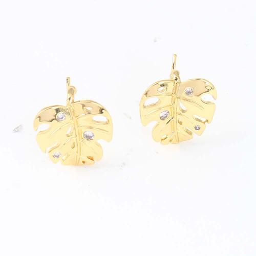Cubic Zirconia Micro Pave Brass Earring, Leaf, gold color plated, micro pave cubic zirconia 