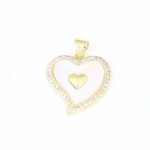 Cubic Zirconia Micro Pave Brass Pendant, Heart, gold color plated, DIY & micro pave cubic zirconia & enamel, white 