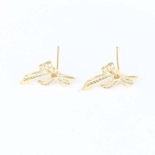 Brass Stud Earring, Bowknot, gold color plated, for woman 