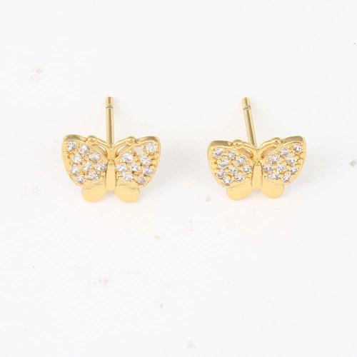 Cubic Zirconia Micro Pave Brass Earring, Butterfly, gold color plated, micro pave cubic zirconia & for woman 