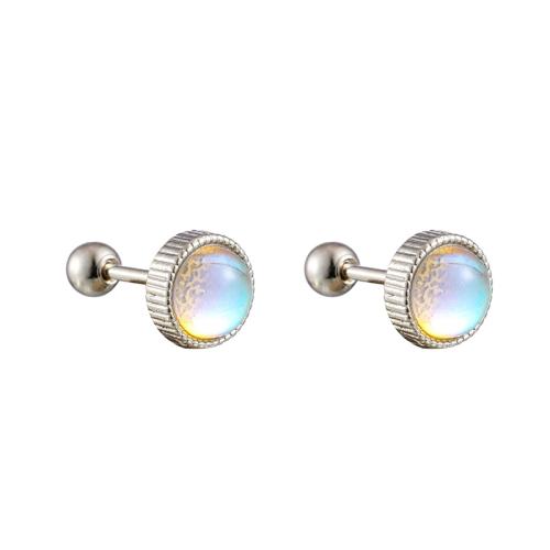 Gemstone Stud Earring, 316L Stainless Steel, with Moonstone, machine polished, Unisex 