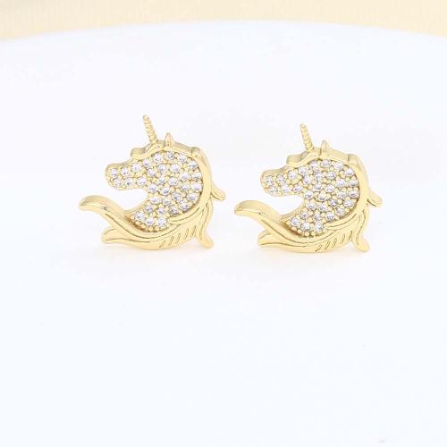 Cubic Zirconia Micro Pave Brass Earring, Unicorn, gold color plated, micro pave cubic zirconia & for woman 