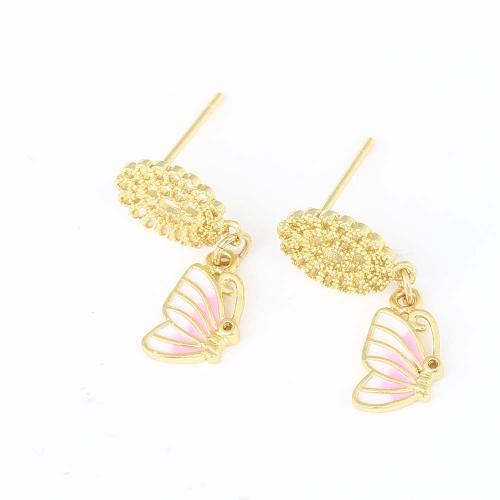 Brass Drop Earring, Butterfly, gold color plated, for woman & enamel, pink 