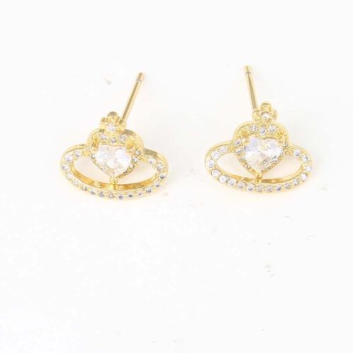 Cubic Zirconia Micro Pave Brass Earring, Heart, gold color plated, micro pave cubic zirconia & for woman 