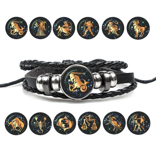 PU Leather Cord Bracelets, with Plastic & 304 Stainless Steel, 12 Signs of the Zodiac, Unisex Approx 7-10 Inch 