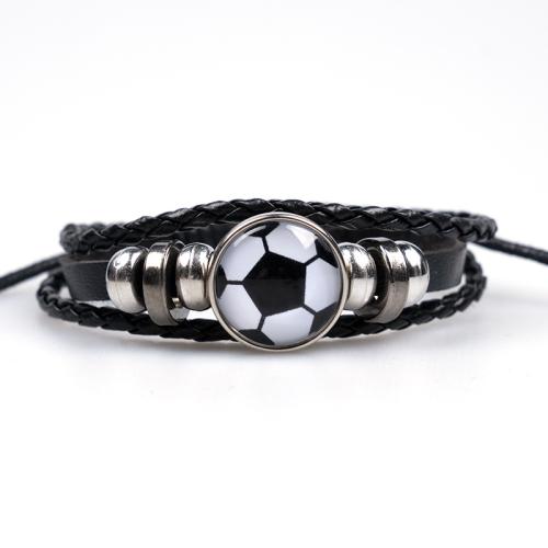 PU Leather Cord Bracelets, with Wax Cord & Glass & Copper Coated Plastic & Zinc Alloy, Unisex & braided Approx 6.7-10.6 Inch 