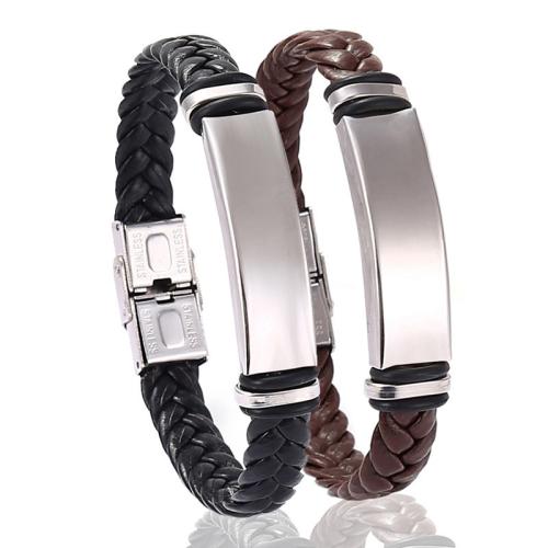cuir PU bracelet, avec Acier inoxydable 304, le style de punk & tressé & pour homme, plus de couleurs à choisir Environ 7-8 pouce, Vendu par PC