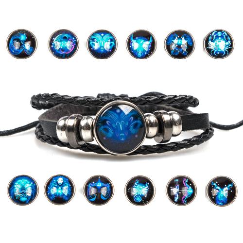 PU Leather Bracelet, with Glass & Zinc Alloy, 12 Signs of the Zodiac, punk style & Unisex & braided Approx 7-10.5 Inch 