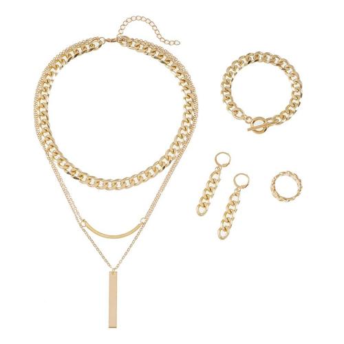 aleación de zinc Conjunto de joya, anillo de dedo & pulsera & pendiente & collar, con metal & fundición, chapado en color dorado, 4 piezas & para mujer, Vendido por Set