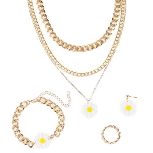 Zinc Alloy Jewelry Set, finger ring & bracelet & earring & necklace, with Resin & Brass & Iron, Daisy, gold color plated, 4 pieces & for woman 