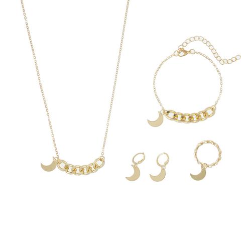 Zinc Alloy Jewelry Set, finger ring & bracelet & earring & necklace, with Brass & Iron, Moon, gold color plated, 4 pieces & for woman 
