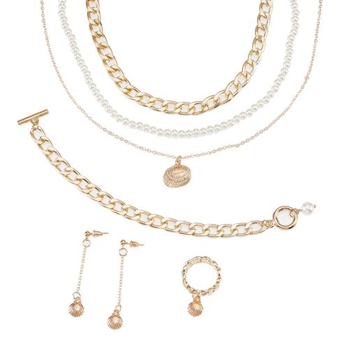 Zinc Alloy Jewelry Set, finger ring & bracelet & earring & necklace, with ABS Plastic Pearl & Brass & Iron, Shell, gold color plated, 4 pieces & for woman 