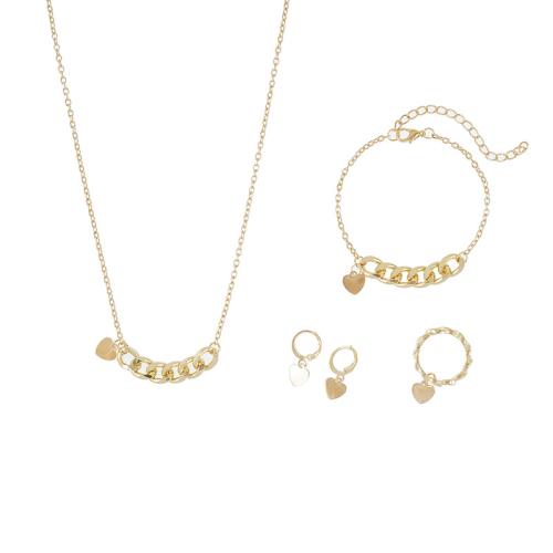 Zinc Alloy Jewelry Set, finger ring & bracelet & earring & necklace, with Brass & Iron, Heart, gold color plated, 4 pieces & for woman 