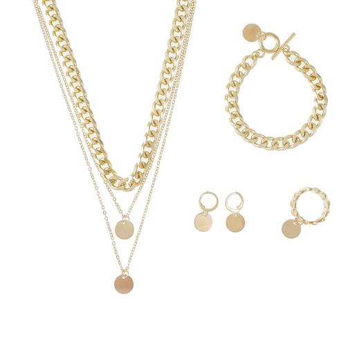 Zinc Alloy Jewelry Set, finger ring & bracelet & earring & necklace, with Brass & Iron, Flat Round, gold color plated, 4 pieces & for woman 